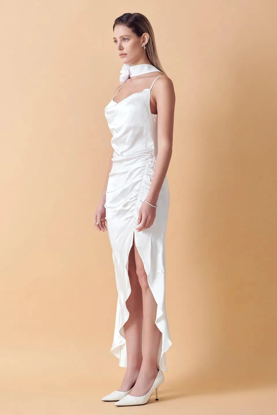 Ruched Asymmetrical Satin Slip Maxi