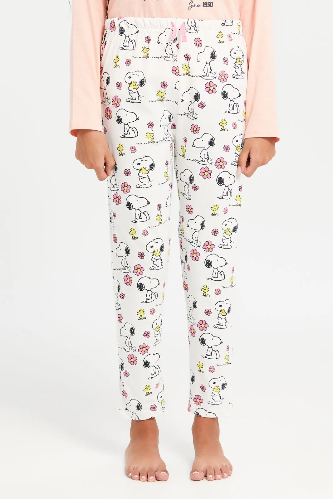 Senior Girls Apricot And White Snoopy Print Pajama Set (2 Piece)