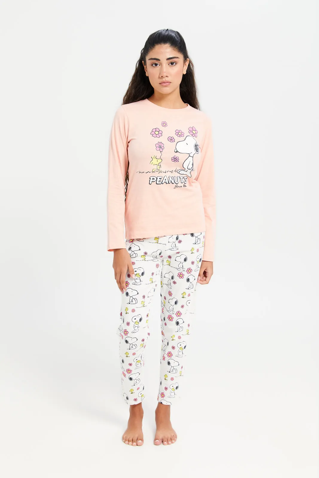 Senior Girls Apricot And White Snoopy Print Pajama Set (2 Piece)