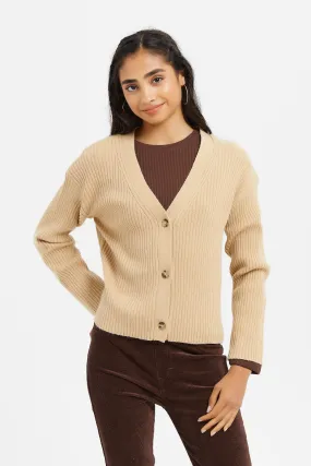 Senior Girls Beige Button Front Cardigan