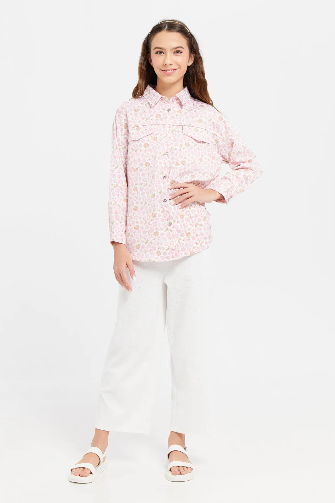 Senior Girls Pink Printed Satin Shirt