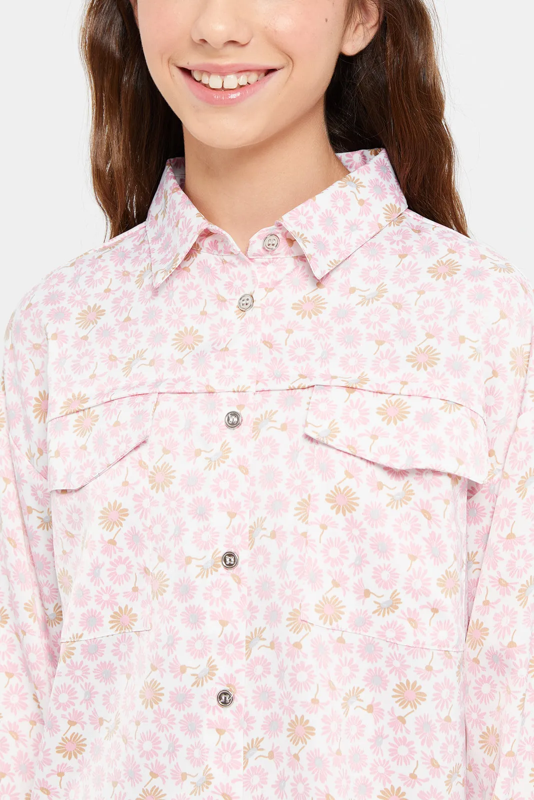 Senior Girls Pink Printed Satin Shirt