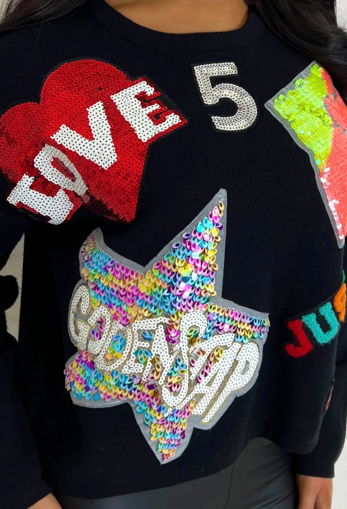 Sequin Pop Black Slogan Sequin Knitted Jumper Limited Edition