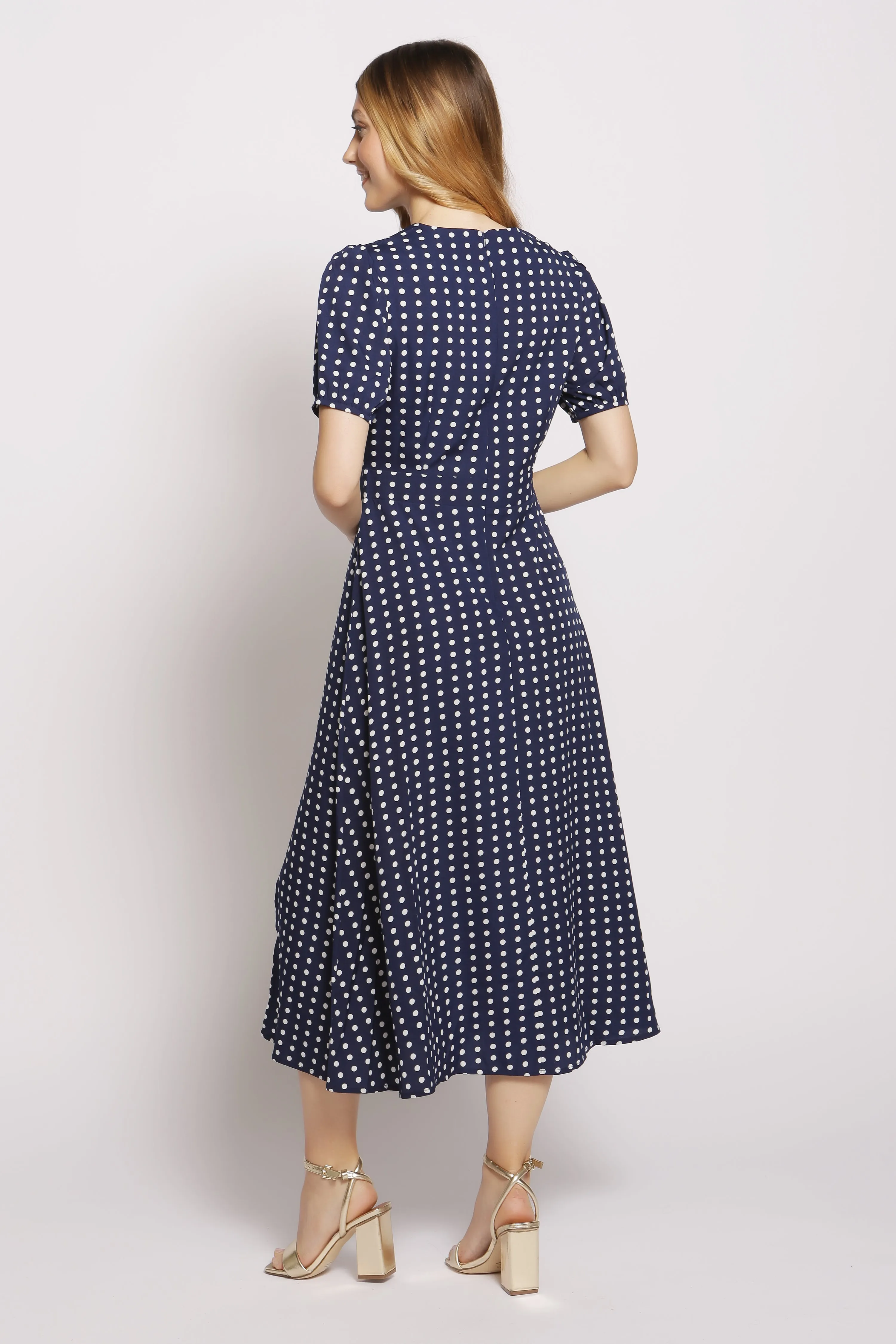 Short Sleeve Maxi Dress In Polka Dot - Navy