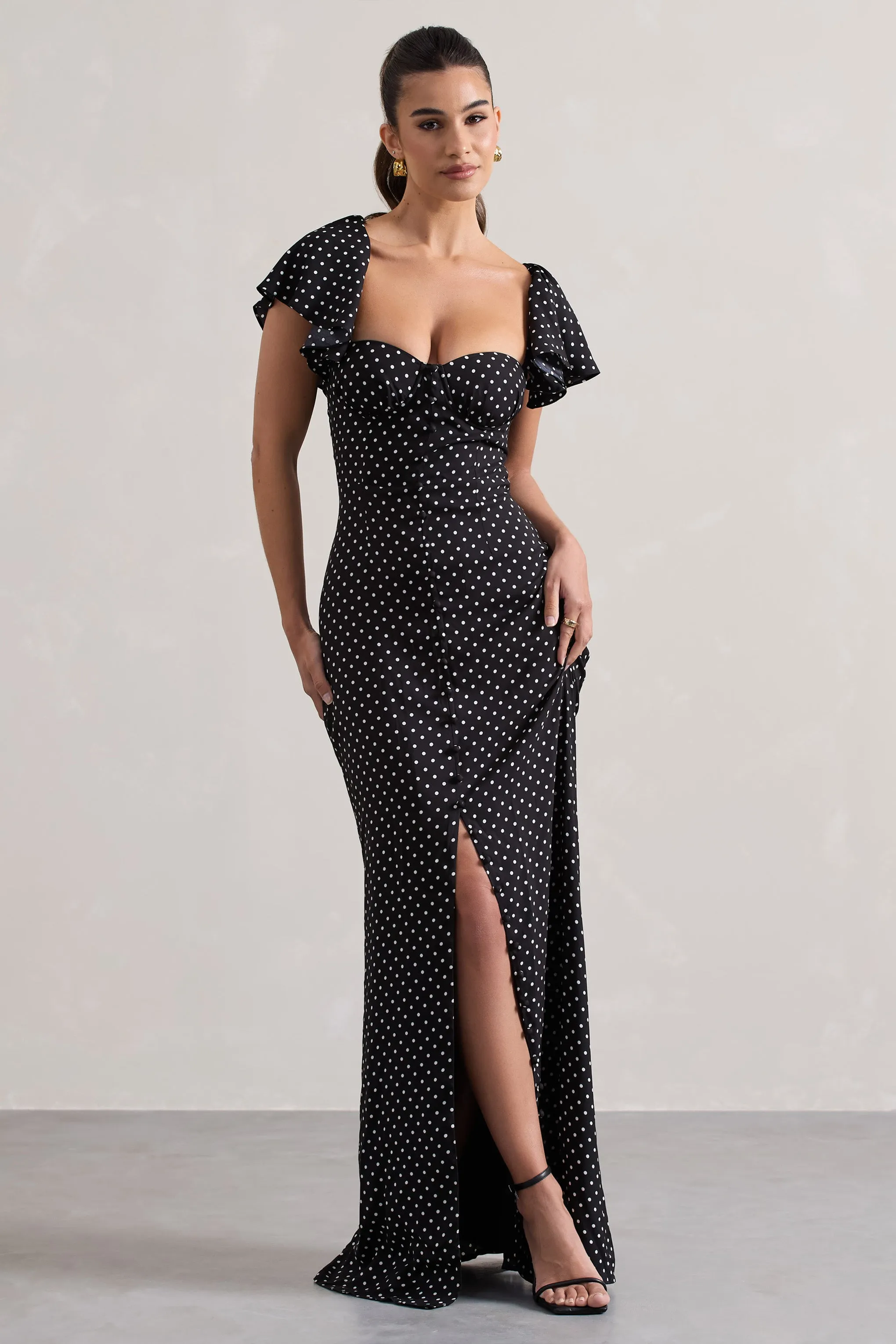 Signorina | Black Polka Dot Buttoned Maxi Dress With Flounced Short Sleeves