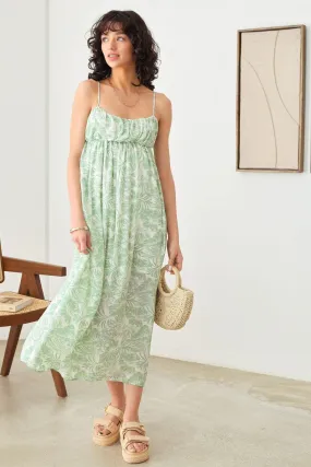 Sleeveless Shirring Tropical Print Adjustable Strap Midi Dress