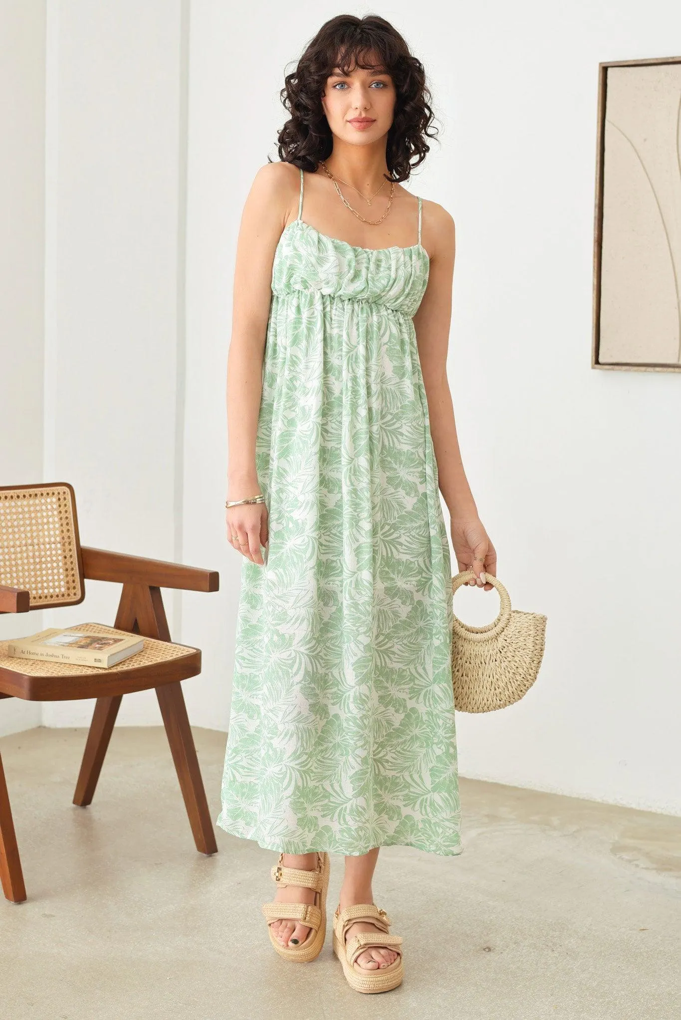 Sleeveless Shirring Tropical Print Adjustable Strap Midi Dress