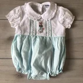 Smockingbird Aqua & White Peter Rabbit Smocked Bubble Romper