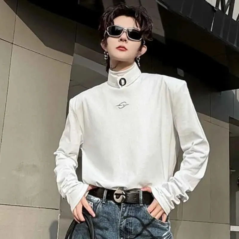 Solid Color Metal Buckle Turtleneck T-Shirt