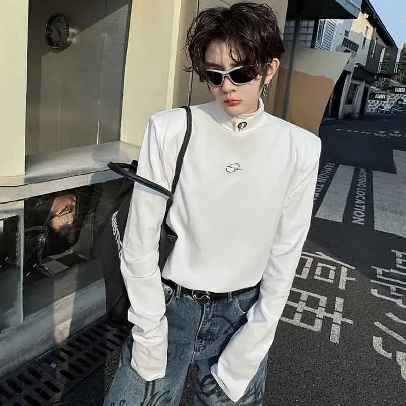 Solid Color Metal Buckle Turtleneck T-Shirt