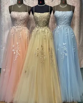 Spaghetti Strap Prom Dress, Elegant Prom Dresses, Lace Applique Prom Dresses      fg4514