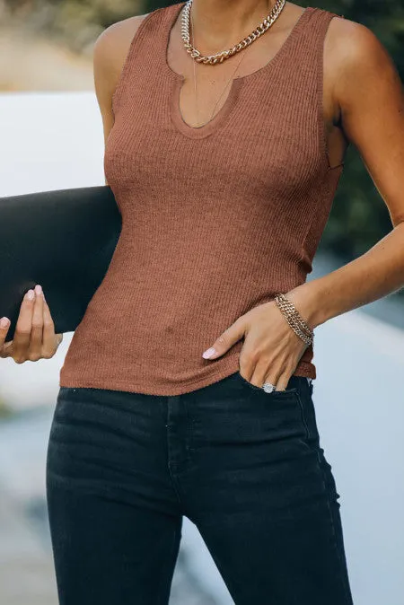 Split Neck Ribbed Knit Tank Top