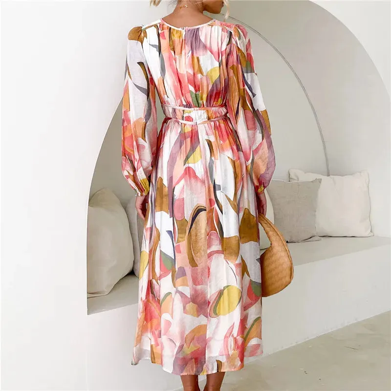 Spring Casual Print V-Neck Long Sleeve A-line Fashion Holiday Boho Dress