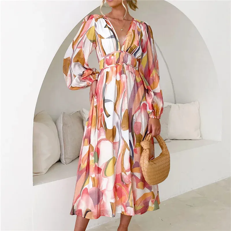 Spring Casual Print V-Neck Long Sleeve A-line Fashion Holiday Boho Dress