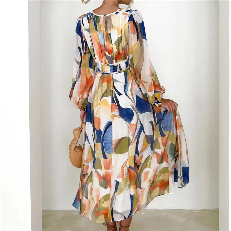 Spring Casual Print V-Neck Long Sleeve A-line Fashion Holiday Boho Dress