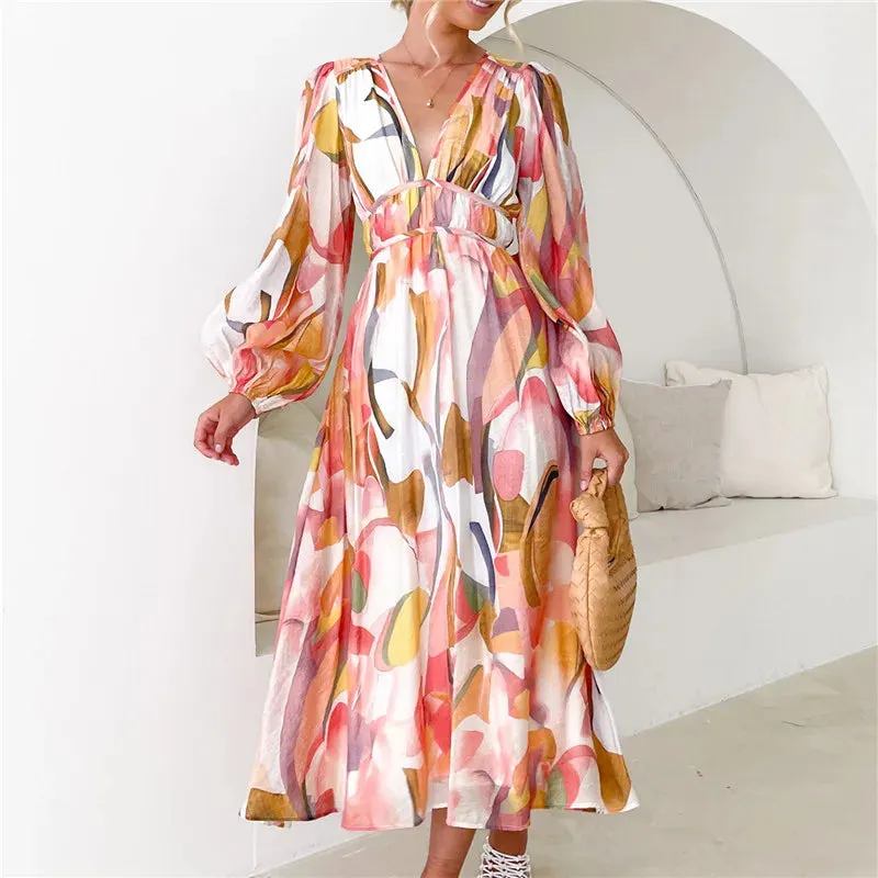 Spring Casual Print V-Neck Long Sleeve A-line Fashion Holiday Boho Dress