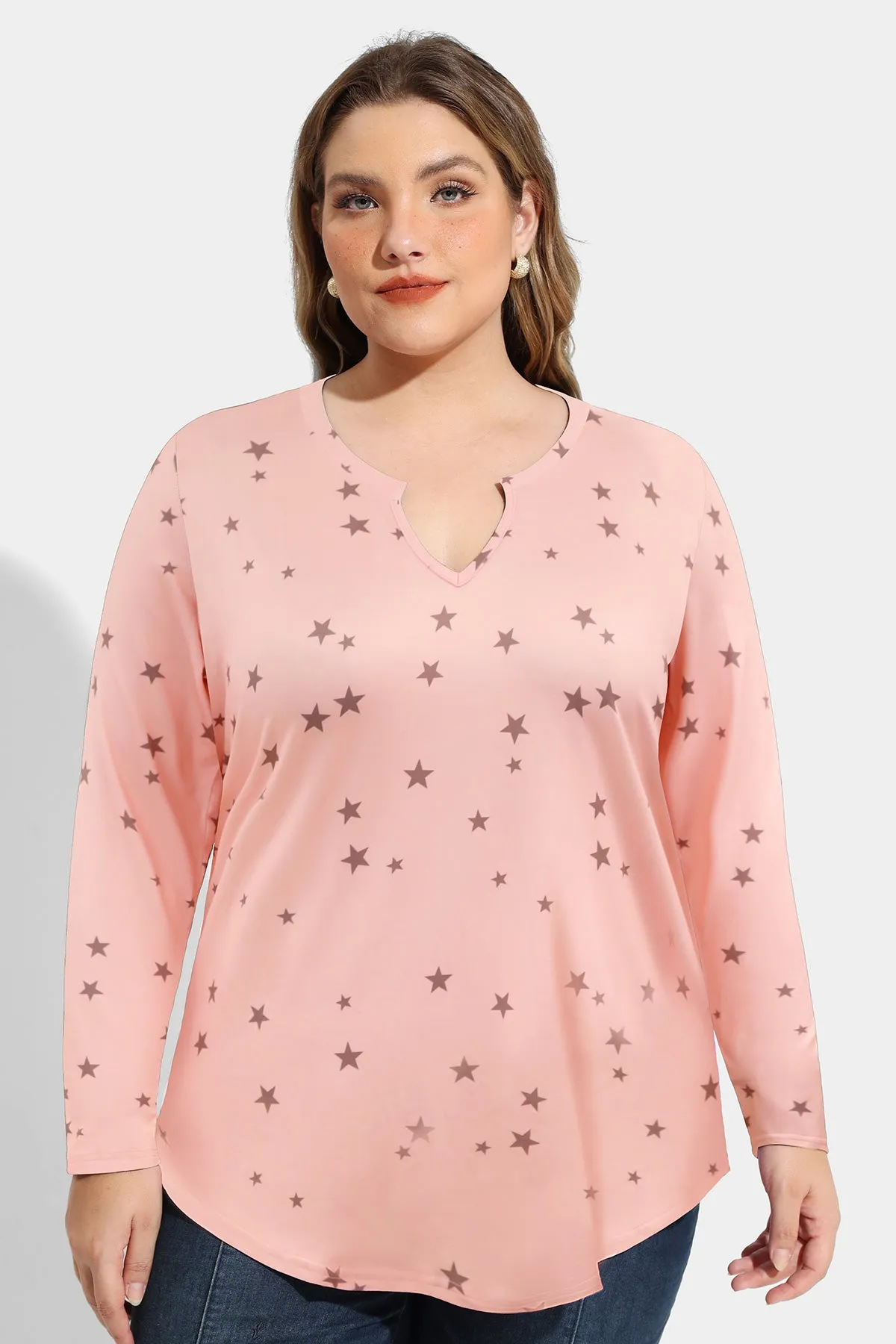 Stars Print Notched V Neck Long Sleeve Shirt