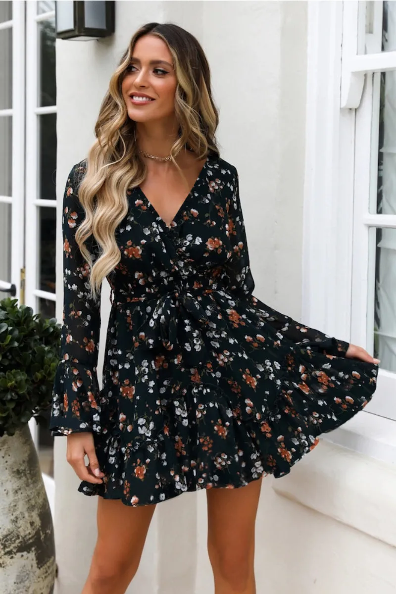 Summer Dress Women Long Sleeve Flower Printed Mini Dress Ladies Casual V-Neck Short Dress