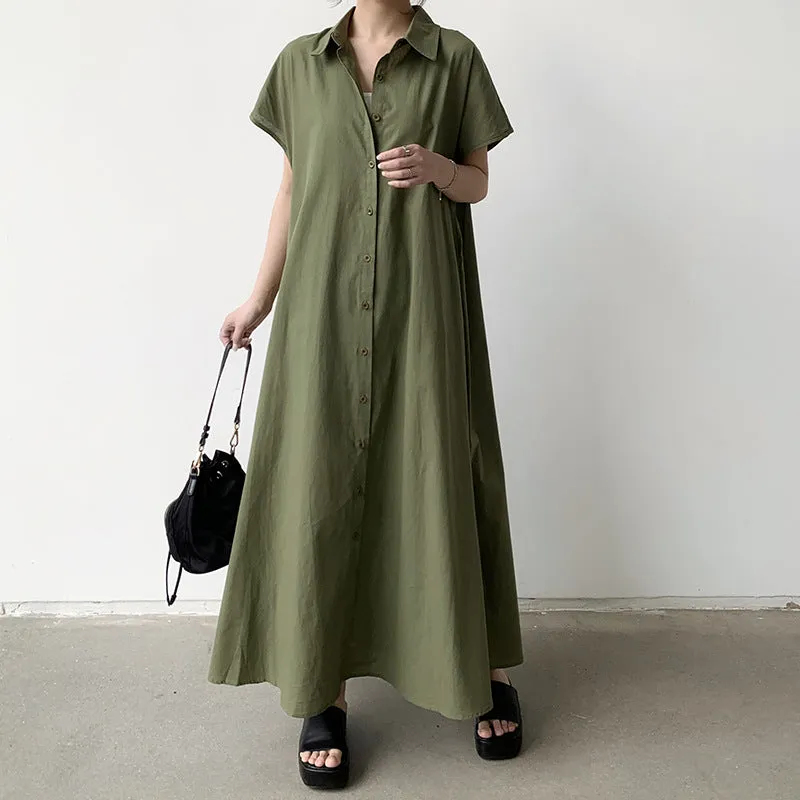 Summer Dress Women Pullover Short Sleeve Linen Solid Color Loose Lapels Casual Shirt Dress