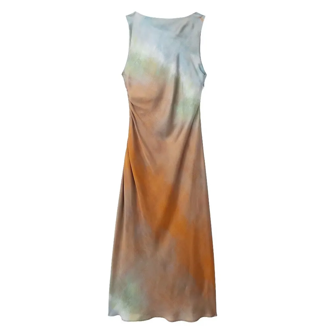 Summer Women Clothing Tie Dyed Printed Satin Maxi Dress