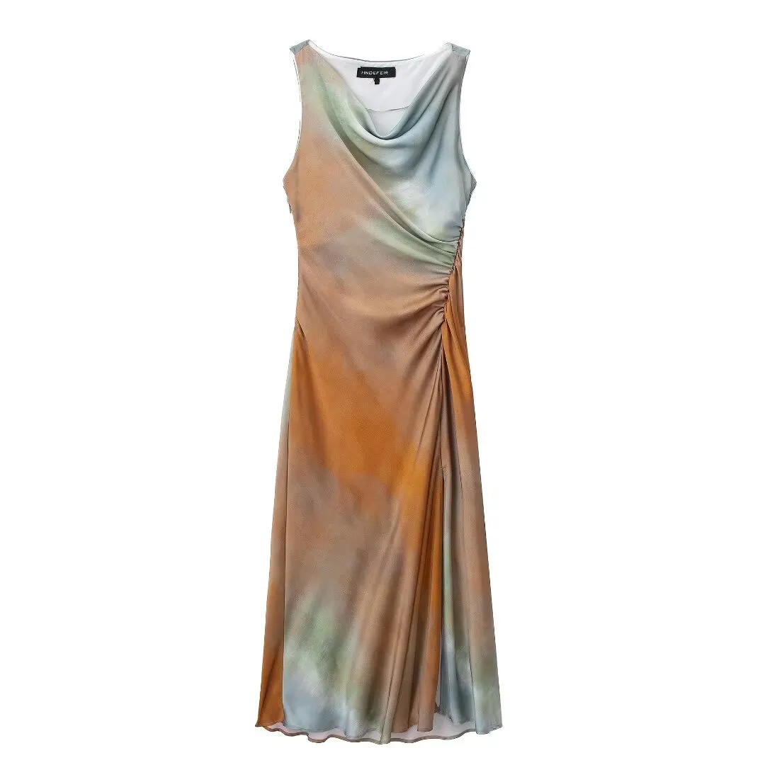 Summer Women Clothing Tie Dyed Printed Satin Maxi Dress