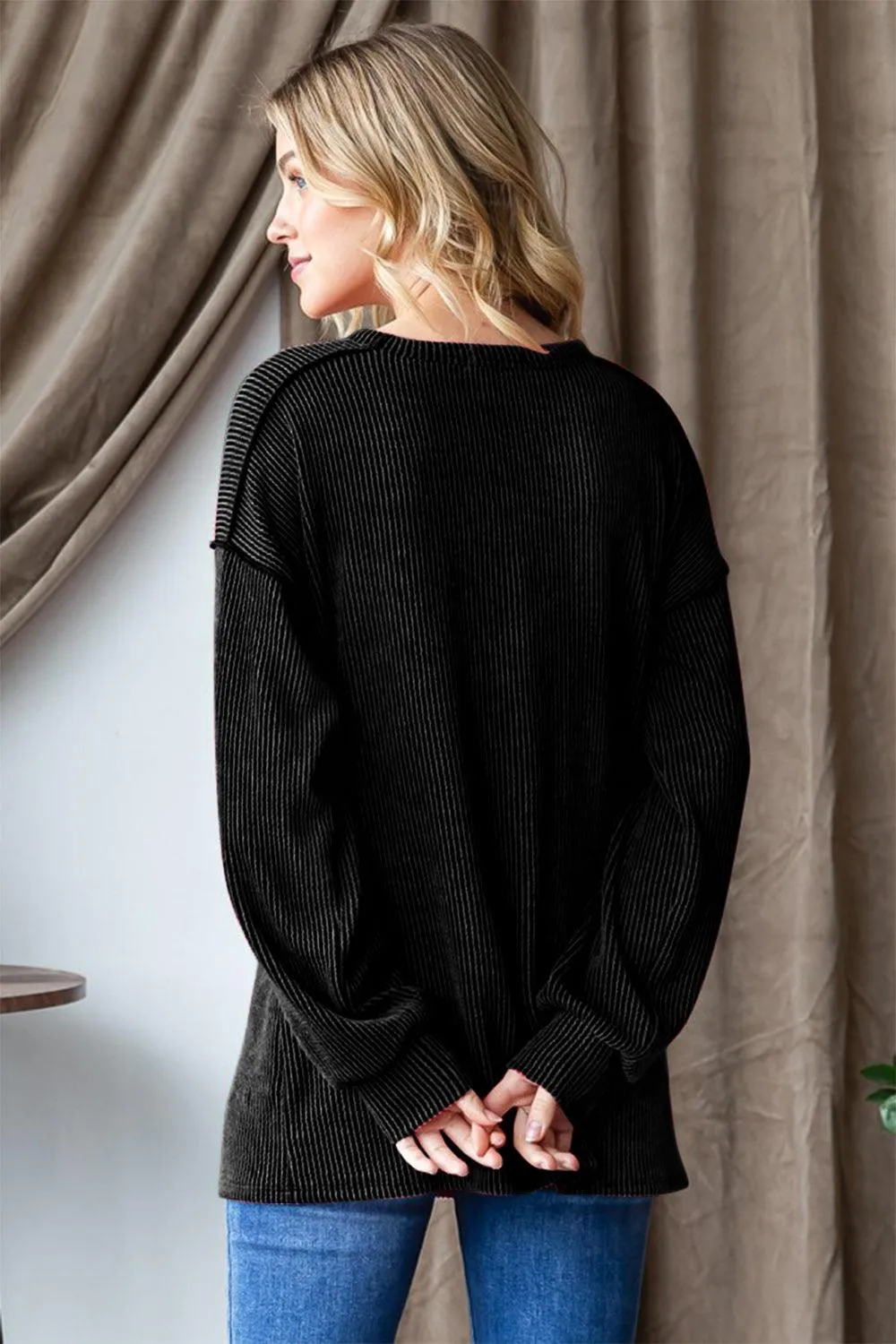 T-Shirt Ribbed Heimish Ribbed Exposed Seam Long Sleeve Black Tops