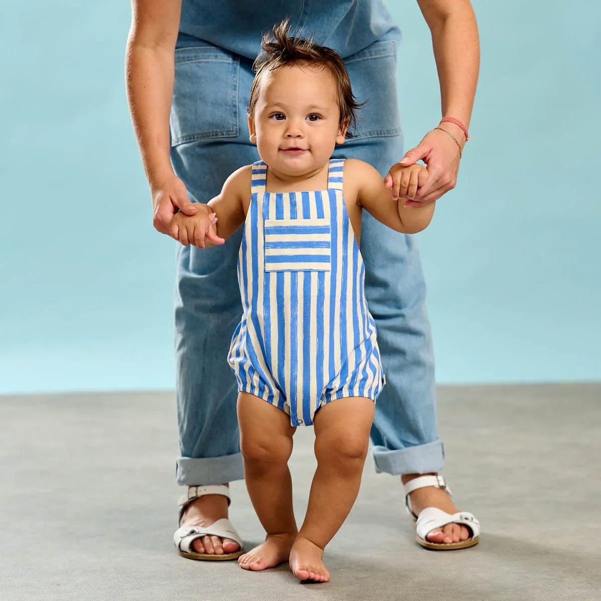 The Bonnie Mob Baby Boys Clam Striped Bubble Romper in Blue