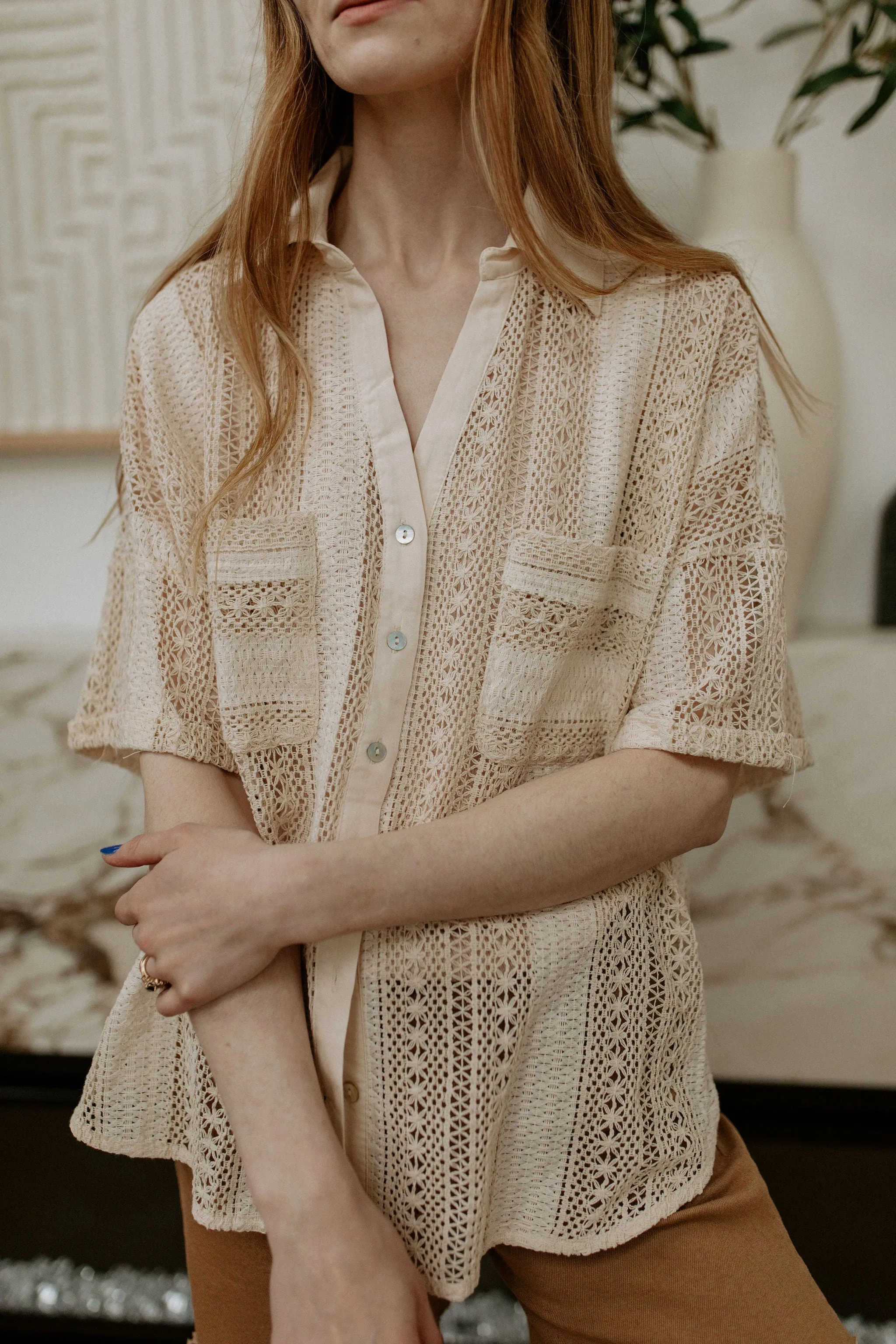 The Cavalleri Short Sleeve Crochet Button Down - Natural