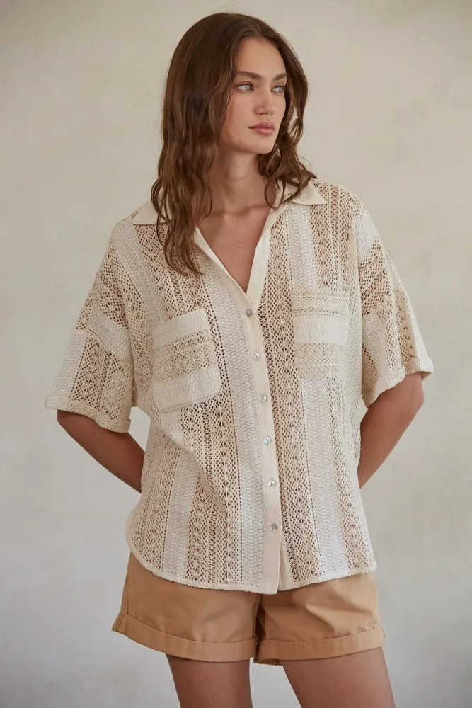 The Cavalleri Short Sleeve Crochet Button Down - Natural