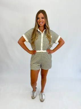 Too Cute Olive Striped Romper