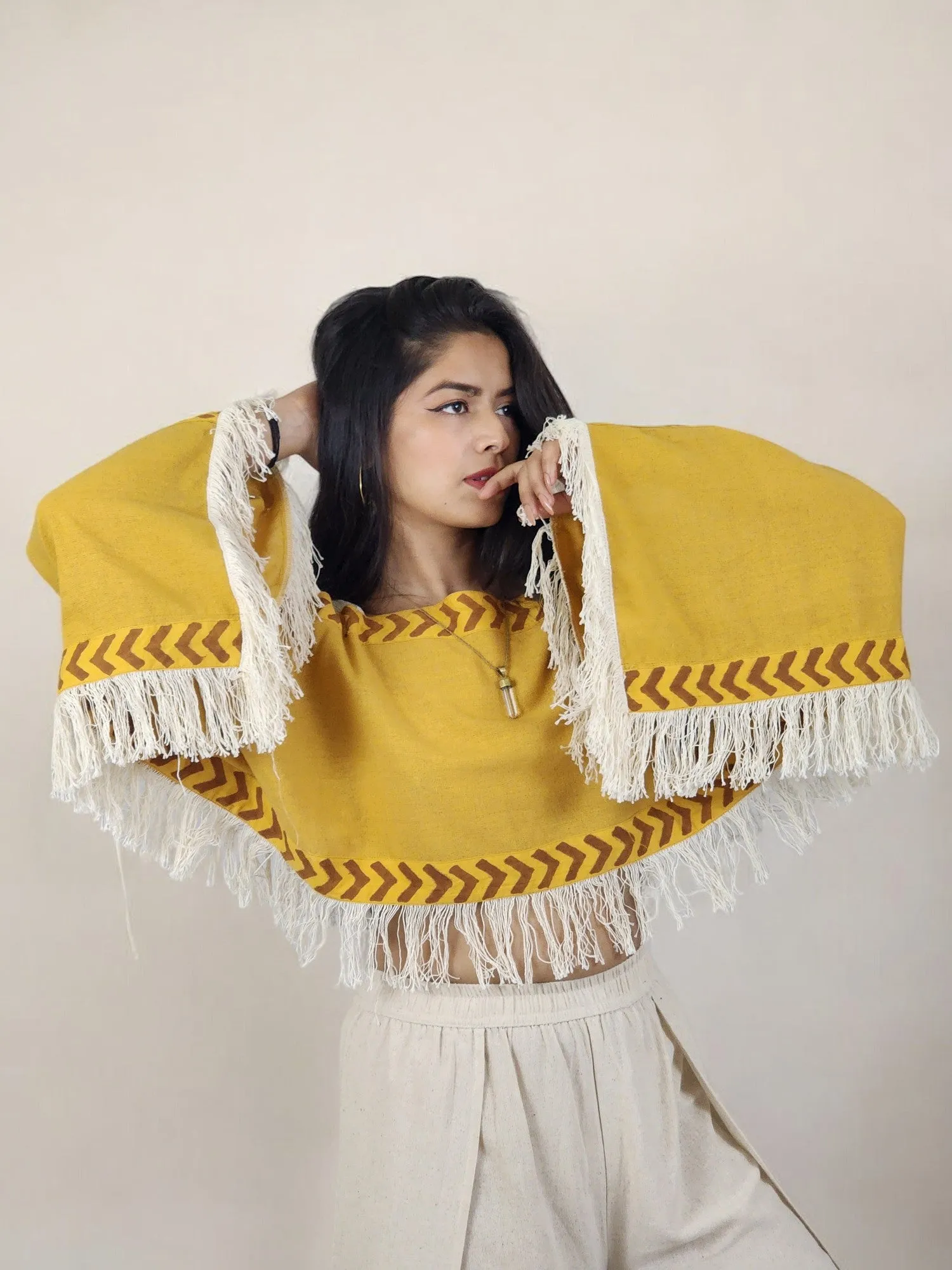 Turmeric Yellow Long Sleeve Crop Top with Fringe