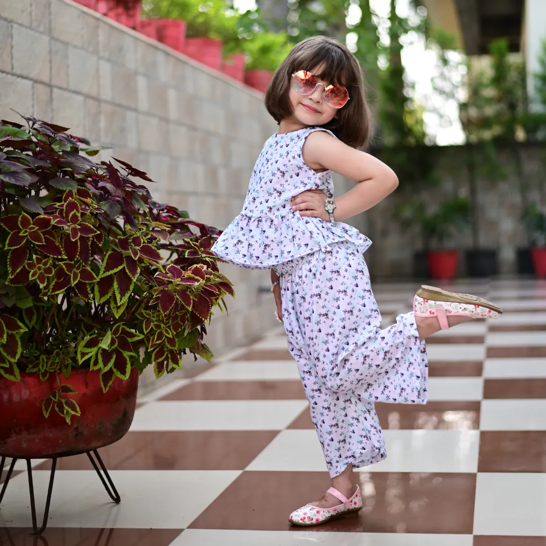 Two Piece White Floral Cotton Peplum Top And Culottes Set For Girls