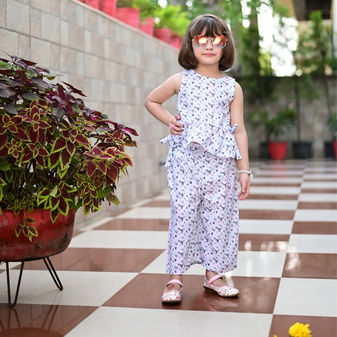 Two Piece White Floral Cotton Peplum Top And Culottes Set For Girls