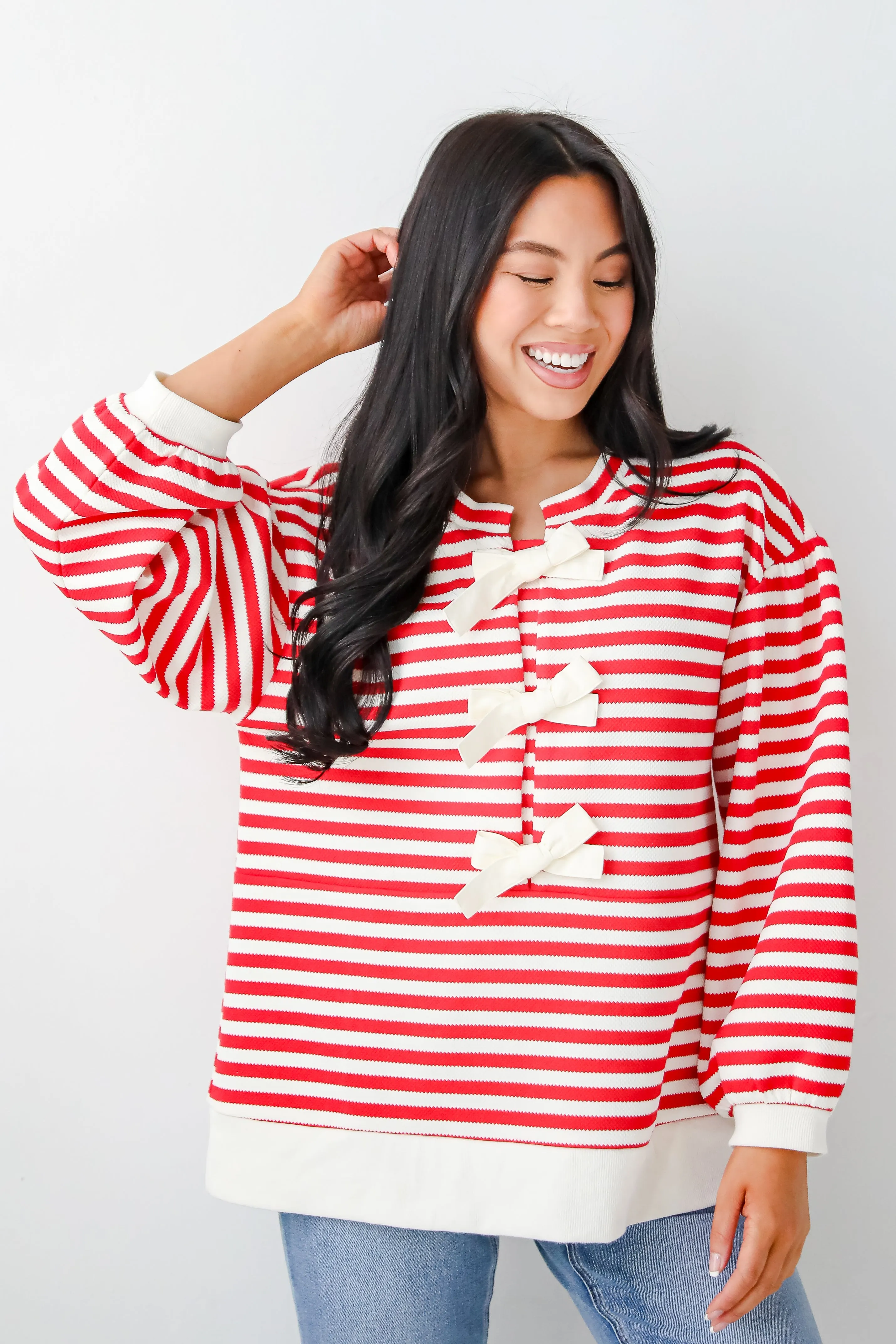 Unbelievably Lovely Red Striped Bow Knit Top