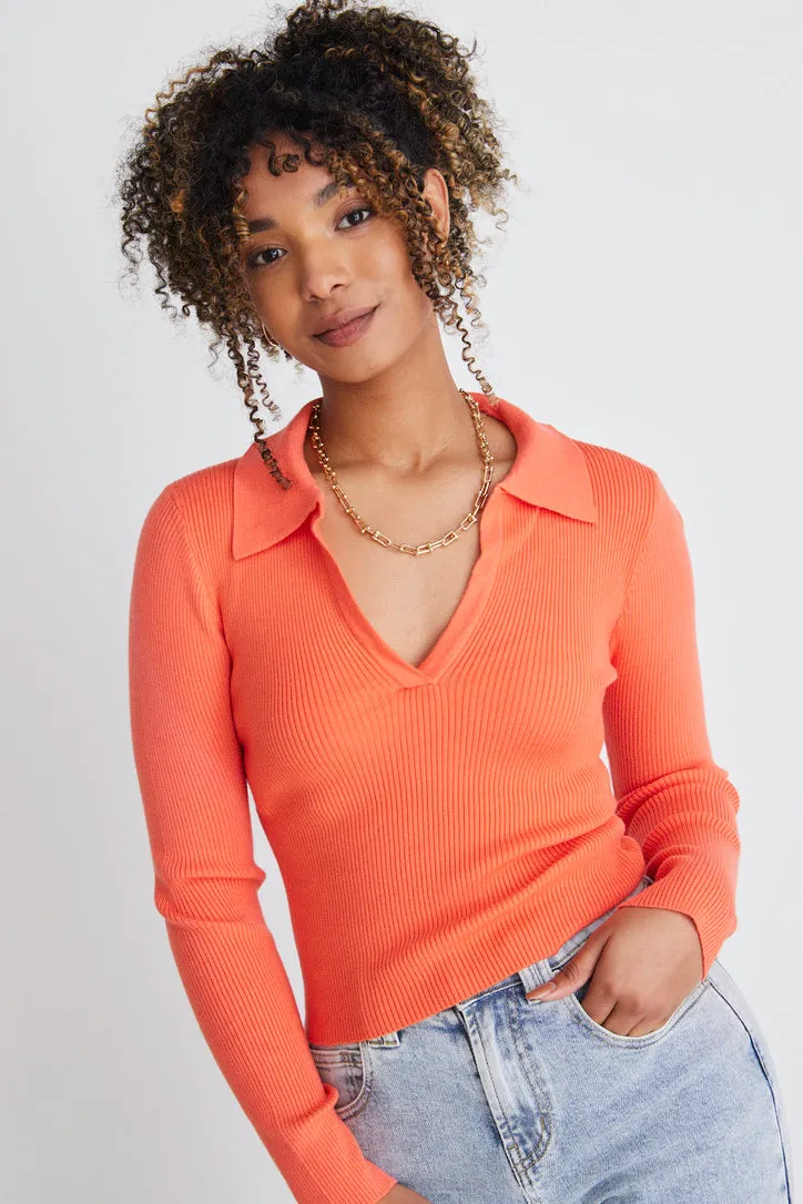 Unreal Coral LS Collared Rib Knit Top