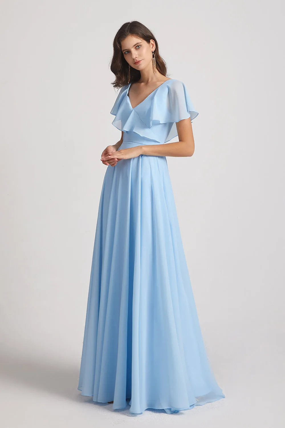 V-Neck Flutter Sleeve Long Chiffon Ruffles Bridesmaid Dresses (AF0169)