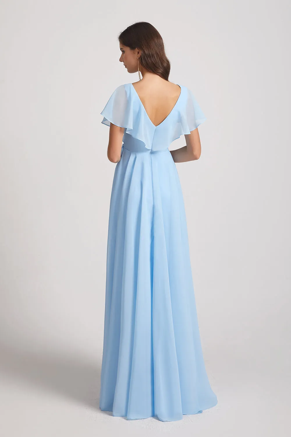 V-Neck Flutter Sleeve Long Chiffon Ruffles Bridesmaid Dresses (AF0169)