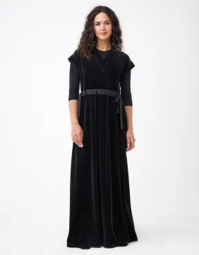 Velvet Mock Wrap Maxi Jumper Shabbos Robe with Tonal Drawstring Bows