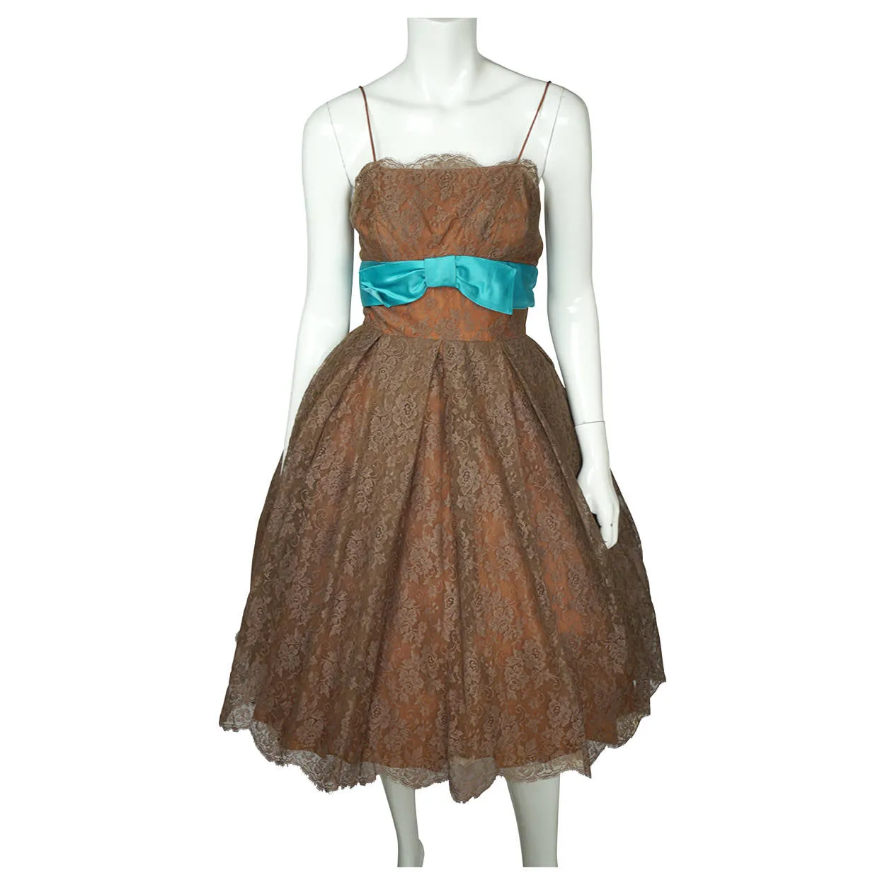 Vintage 50s Prom Dress Brown Chantilly Lace Size S