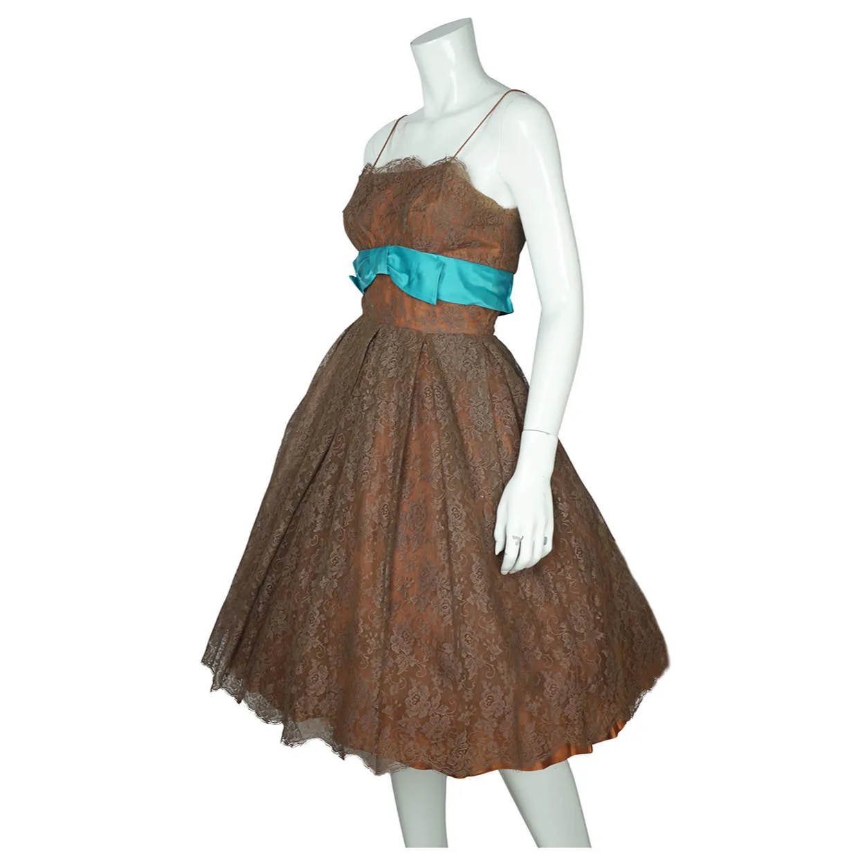 Vintage 50s Prom Dress Brown Chantilly Lace Size S