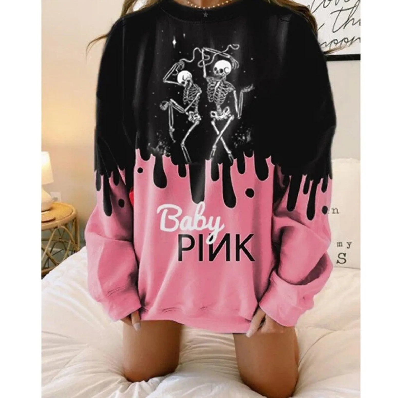 Vintage Gothic Skull Print Sweater, Wonderful Pink Black Long Sleeves Top For Women