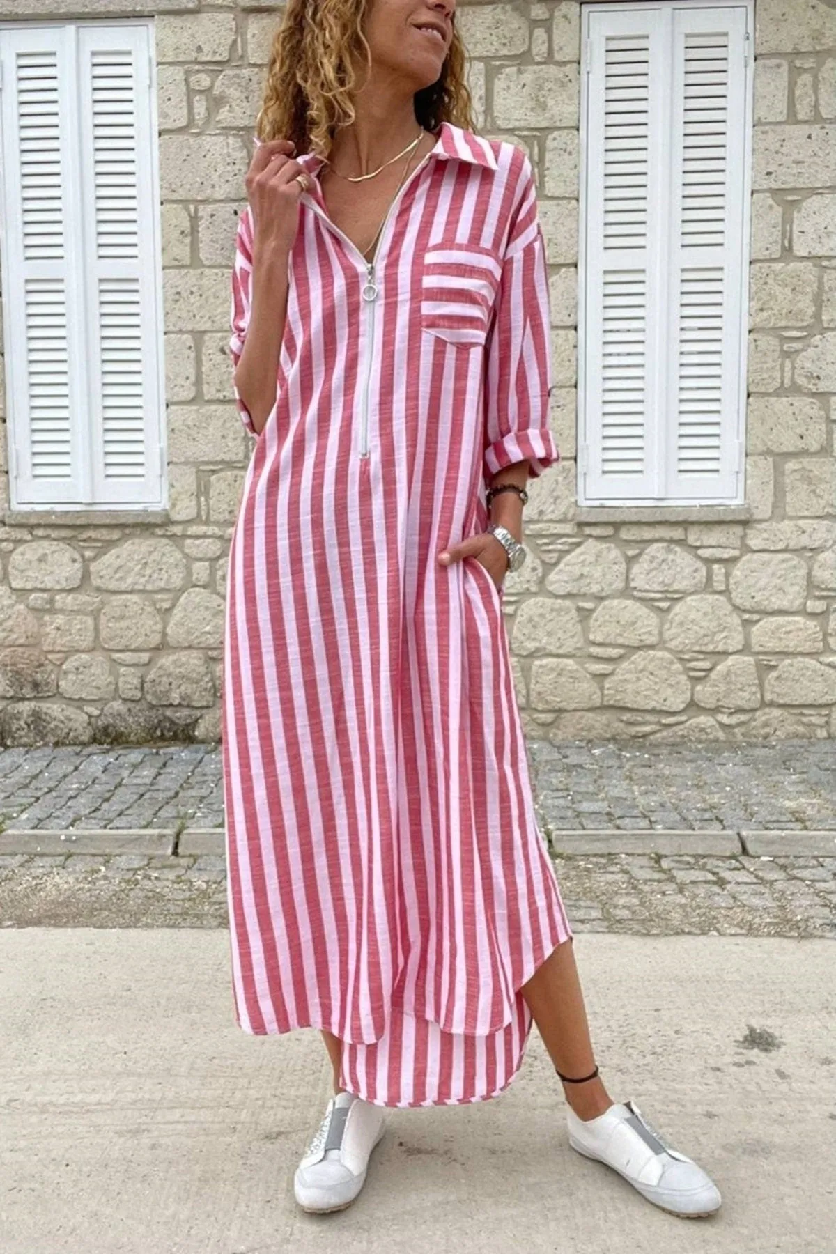 Vintage Safari Summer Dress,Zipper Striped Pocket Long Loose Dress With Pocket,Polo Collared Dress,Casual Dress,Vintage Dress,Maxi Dress