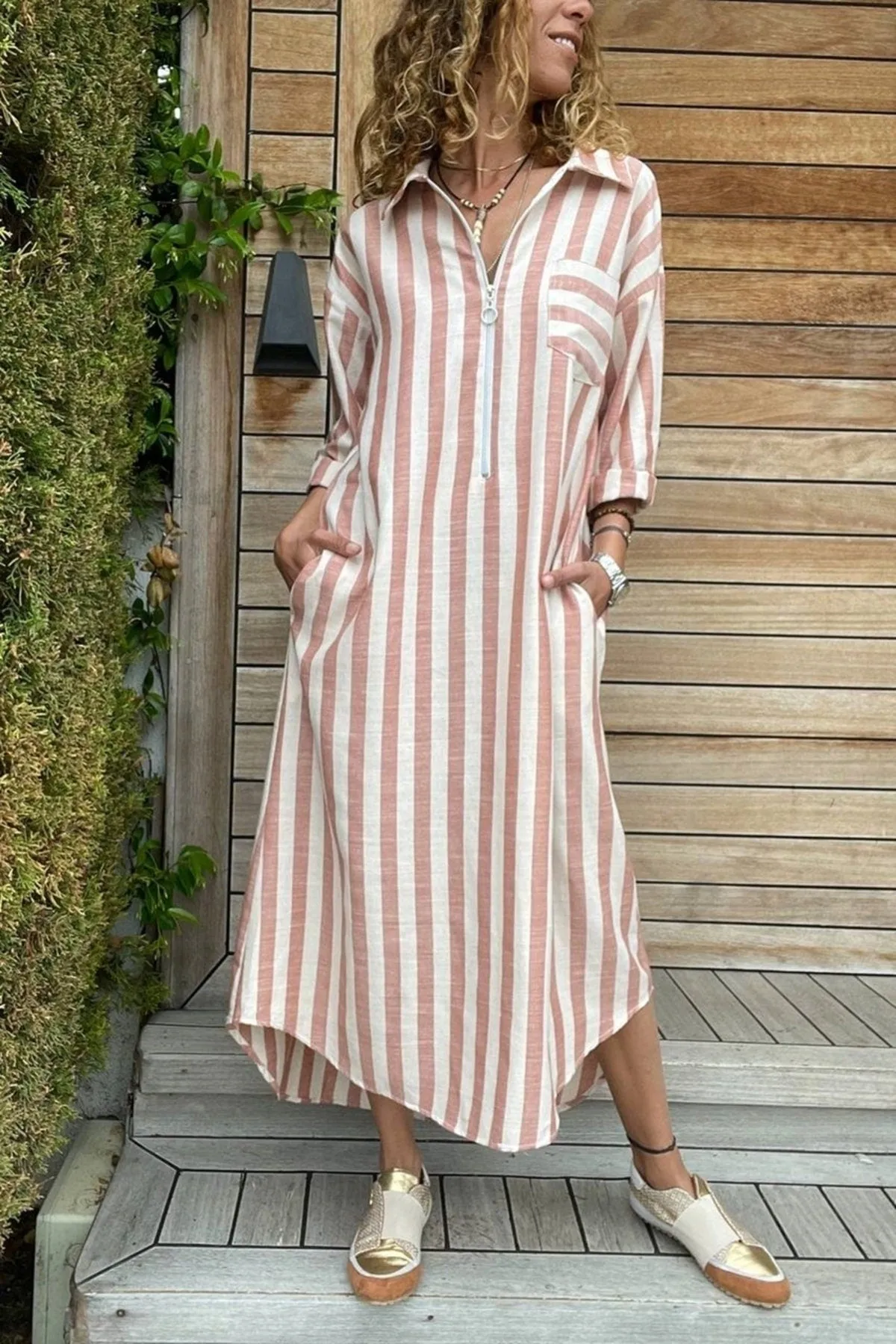 Vintage Safari Summer Dress,Zipper Striped Pocket Long Loose Dress With Pocket,Polo Collared Dress,Casual Dress,Vintage Dress,Maxi Dress