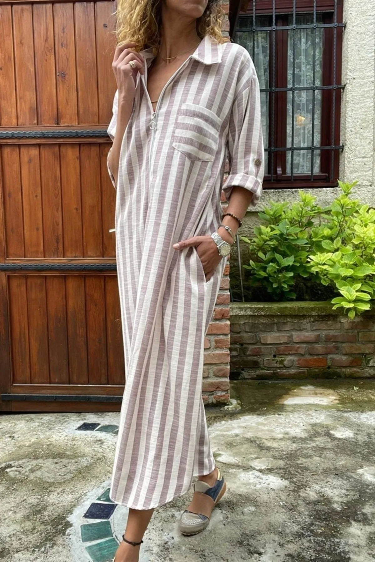 Vintage Safari Summer Dress,Zipper Striped Pocket Long Loose Dress With Pocket,Polo Collared Dress,Casual Dress,Vintage Dress,Maxi Dress