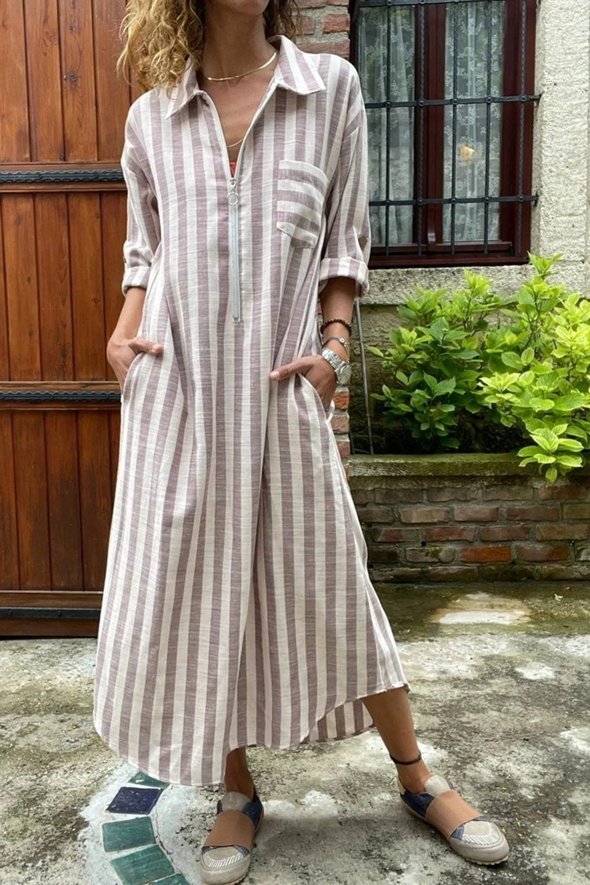 Vintage Safari Summer Dress,Zipper Striped Pocket Long Loose Dress With Pocket,Polo Collared Dress,Casual Dress,Vintage Dress,Maxi Dress