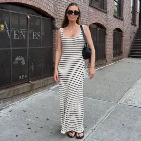 Vintage Square Neck Contrast Stripe Fishtail Maxi Ribbed Knit Tank Dress