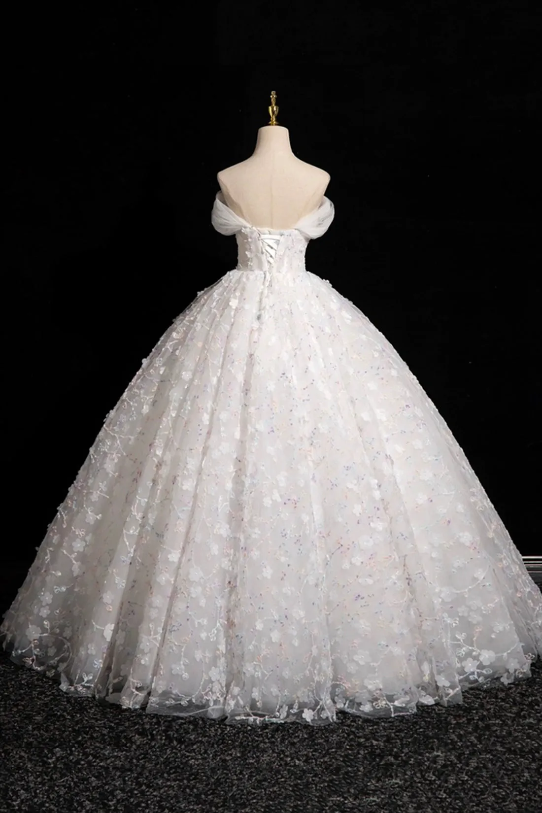 White Tulle Flowers Long A-Line Prom Dresses, Lovely Off the Shoulder Sweet 16 Formal Dresses