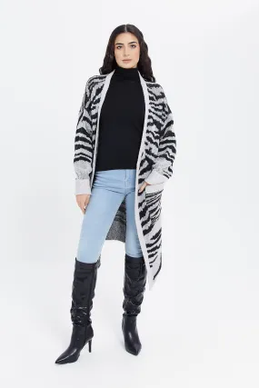 Women Animal White And Black Knitted Longline Cardigan