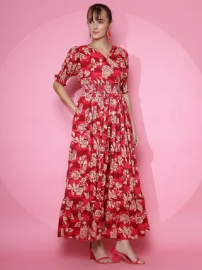 Women Red Smoked Half Sleeve Fit and Flare Maxi Dress