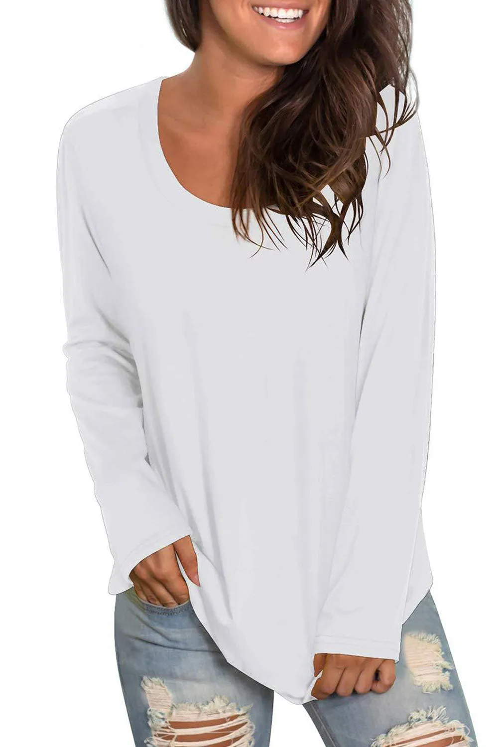 Women Relaxable Solid Pattern Round Neck Comfy Long Sleeve Casual T-Shirt - WSB9592